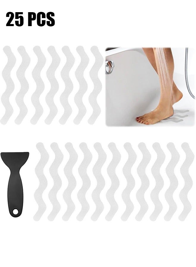 25 Pcs Anti Slip Shower Stickers - S-Shape Clear Non-Slip Safety Bathtub Strips, Adhesive Decals Scraper for Bathroom Tubs Stairs Pools Kitchen Shower - With Scraper - Image 1